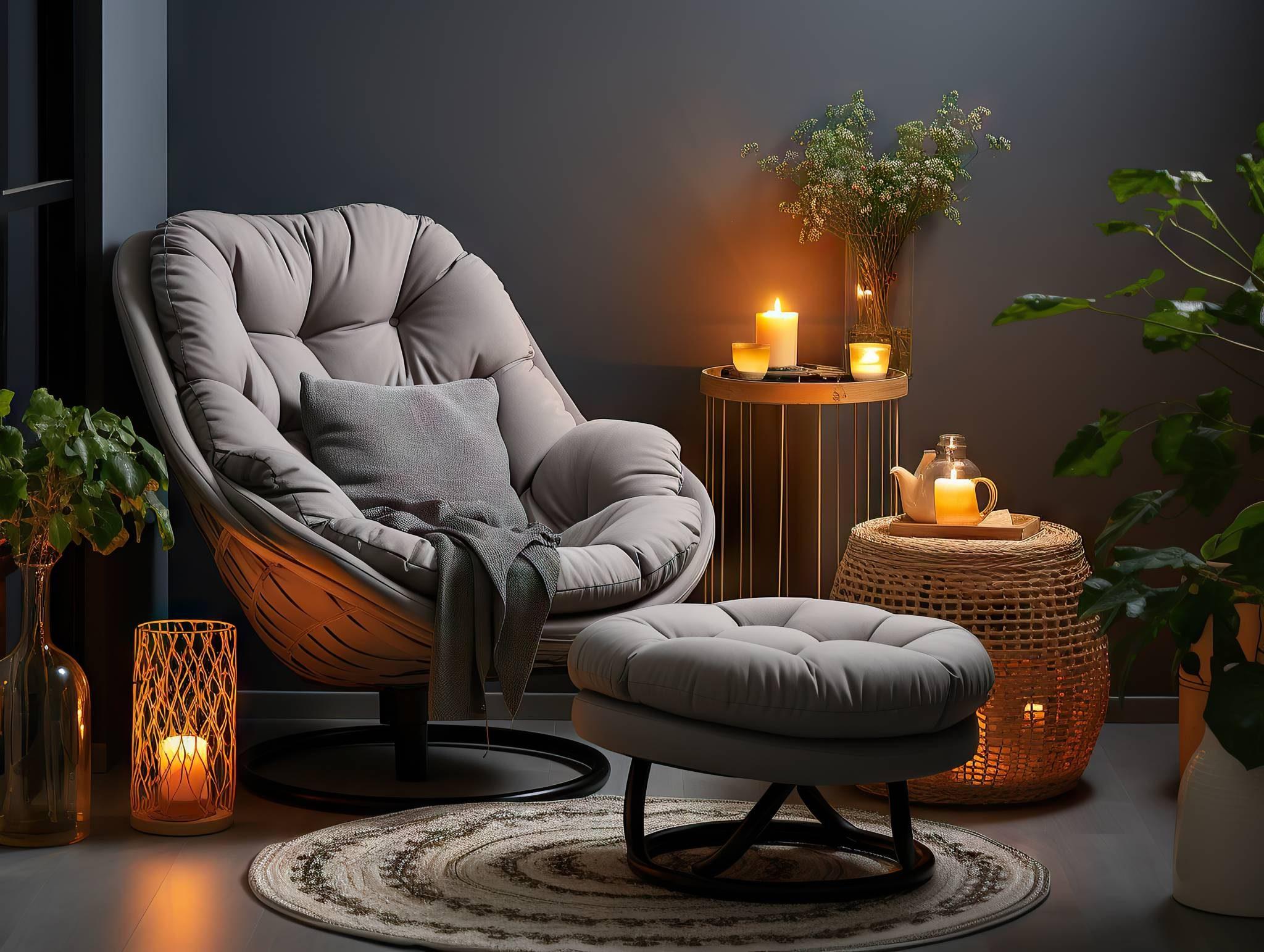 Cosy reading corner with a padded lounge chair, footstool, candles and woven side tables
